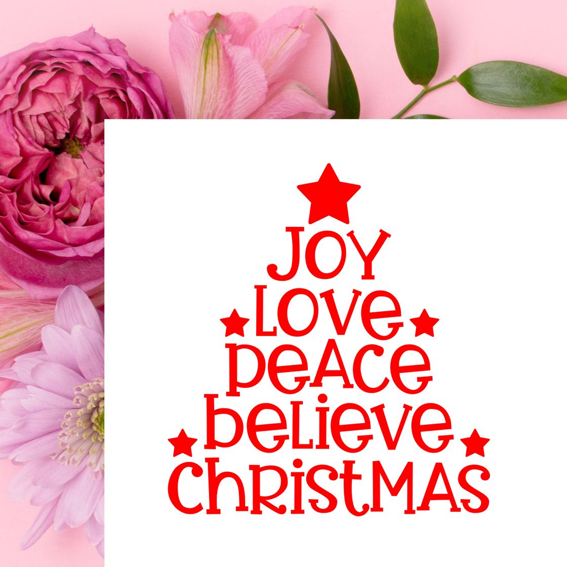 Christmas rubber stamp design with red tree text reading joy, love, peace, believe and Christmas.