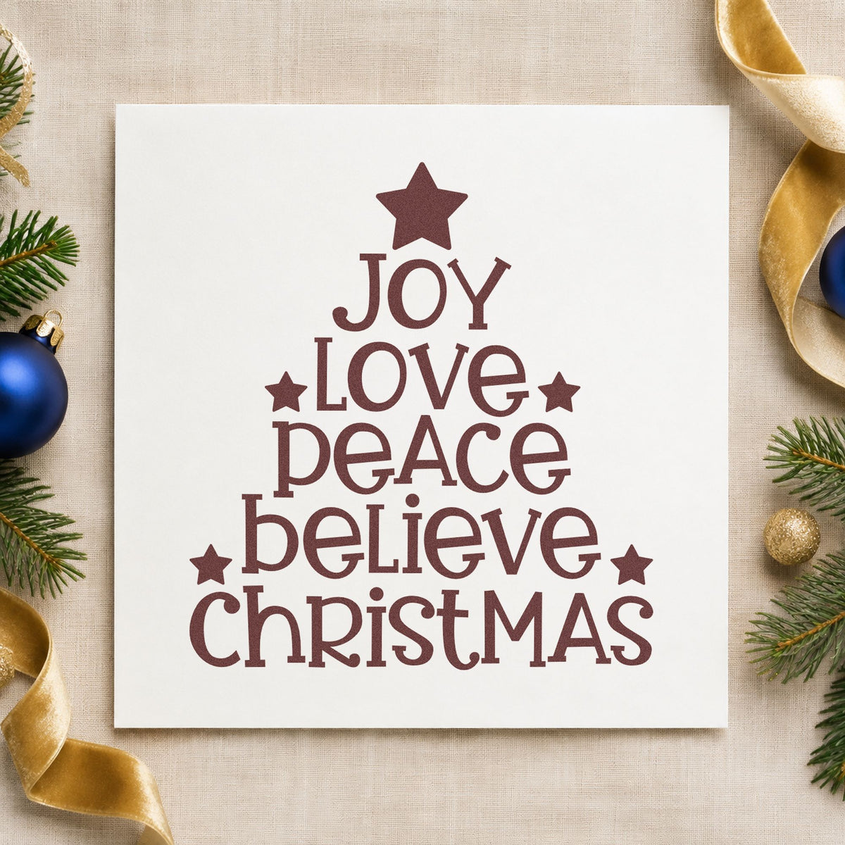 Joy Love Peace Christmas Tree rubber stamp printed in brown ink, ready for intention list sheet and similar paper crafts.
