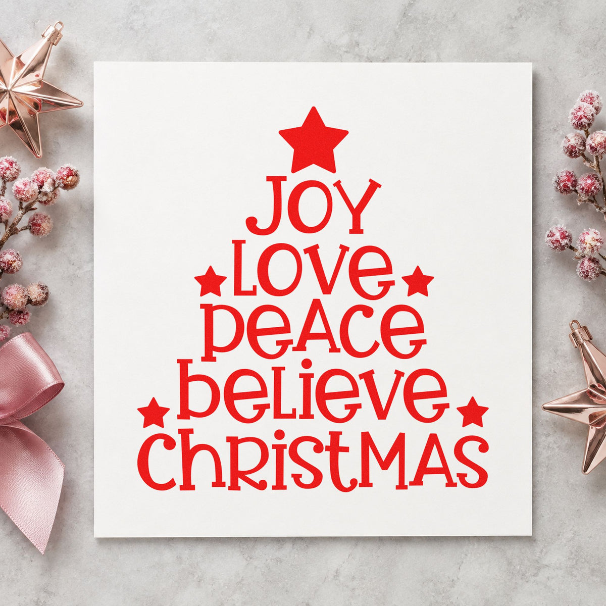 Joy Love Peace Christmas Tree craft stamp in red ink on cardstock, an easy option for sampler cloth printing.