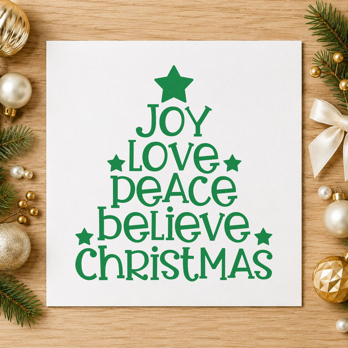 Joy Love Peace Christmas Tree craft stamp imprinted in green ink on paper, a design suited to framed stair gallery.