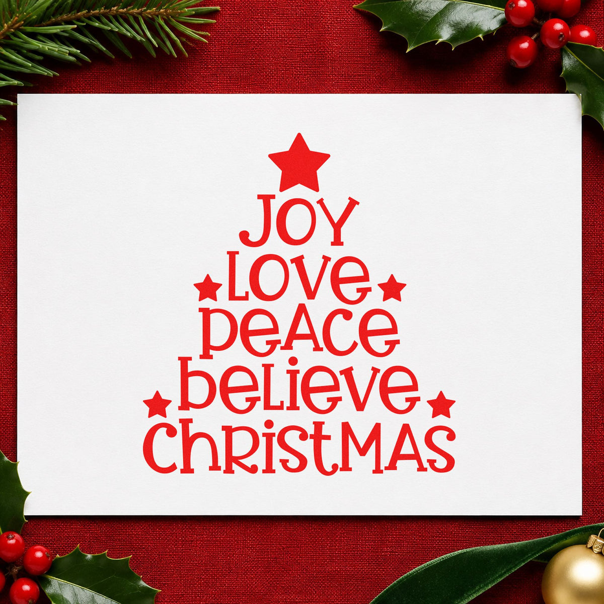 Joy Love Peace Christmas Tree rubber stamp shown in red ink, stamped for projects such as advent pocket labels.