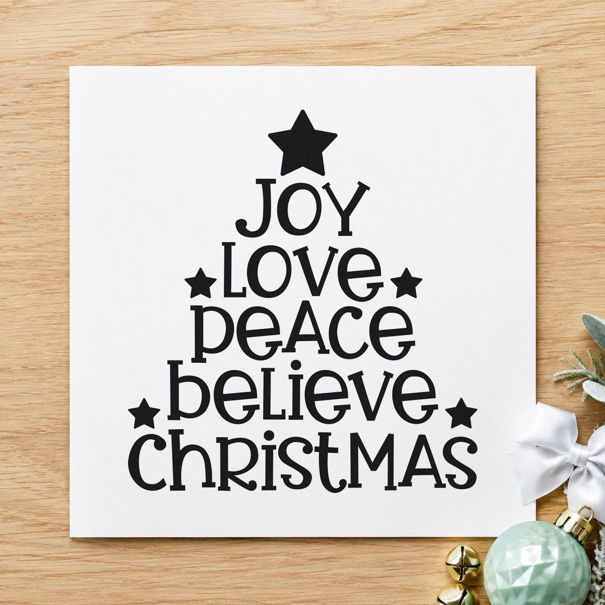 Joy Love Peace Christmas Tree rubber stamp printed in black ink, ready for word tree cards and similar paper crafts.