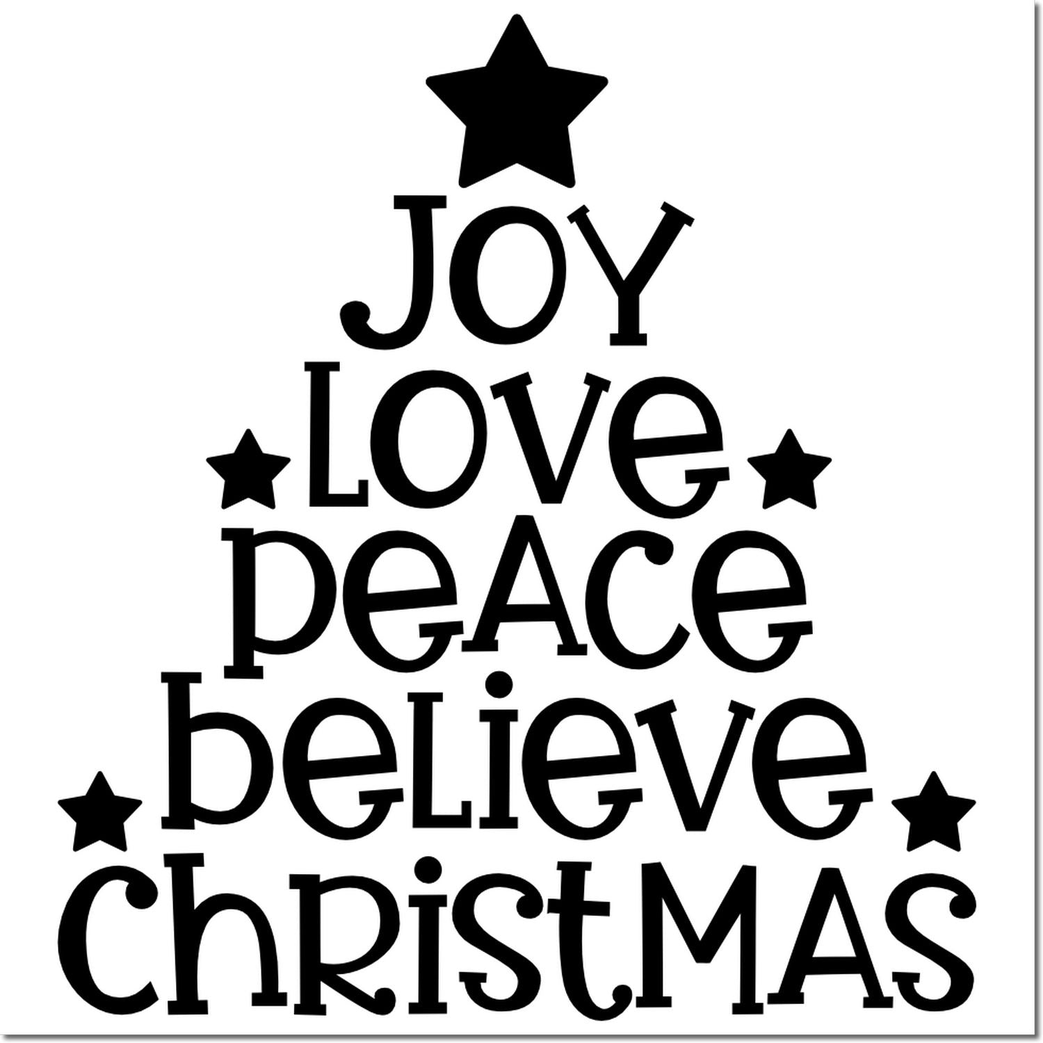 Christmas tree rubber stamp design with stars and words Joy, Love, Peace, Believe, and Christmas.