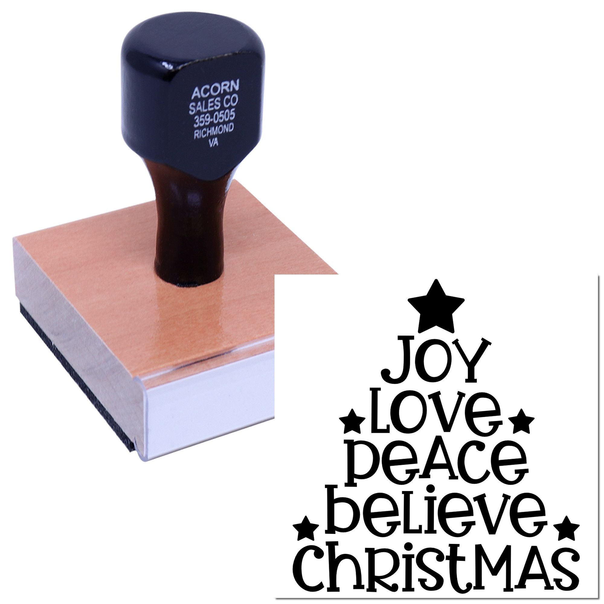 Christmas rubber stamp with Joy Love Peace Believe design for holiday cards, crafts, and festive packaging.