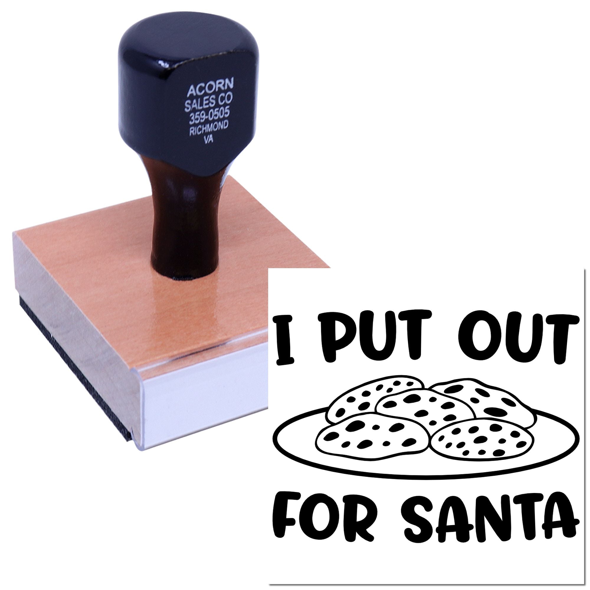 Holiday rubber stamp with I Put Out for Santa cookie design, ideal for Christmas cards, baking gifts, and festive crafts.