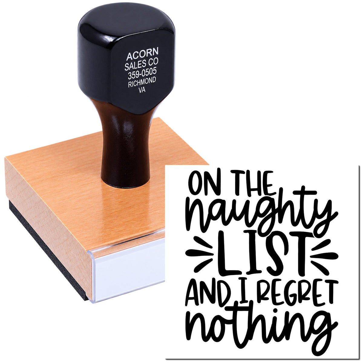 Custom rubber stamp with On the Naughty List and I Regret Nothing phrase for festive cards, crafts, and gift tags.
