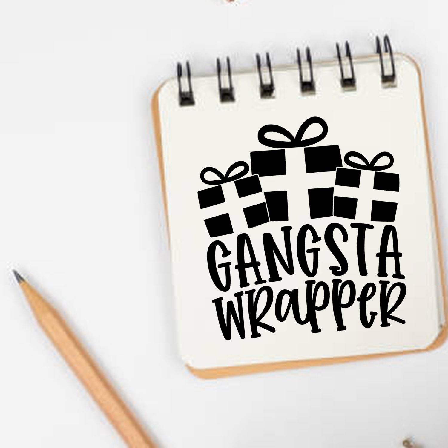Gangsta Wrapper rubber stamp design with gift icons for custom gift wrap, holiday packaging, and DIY craft projects.