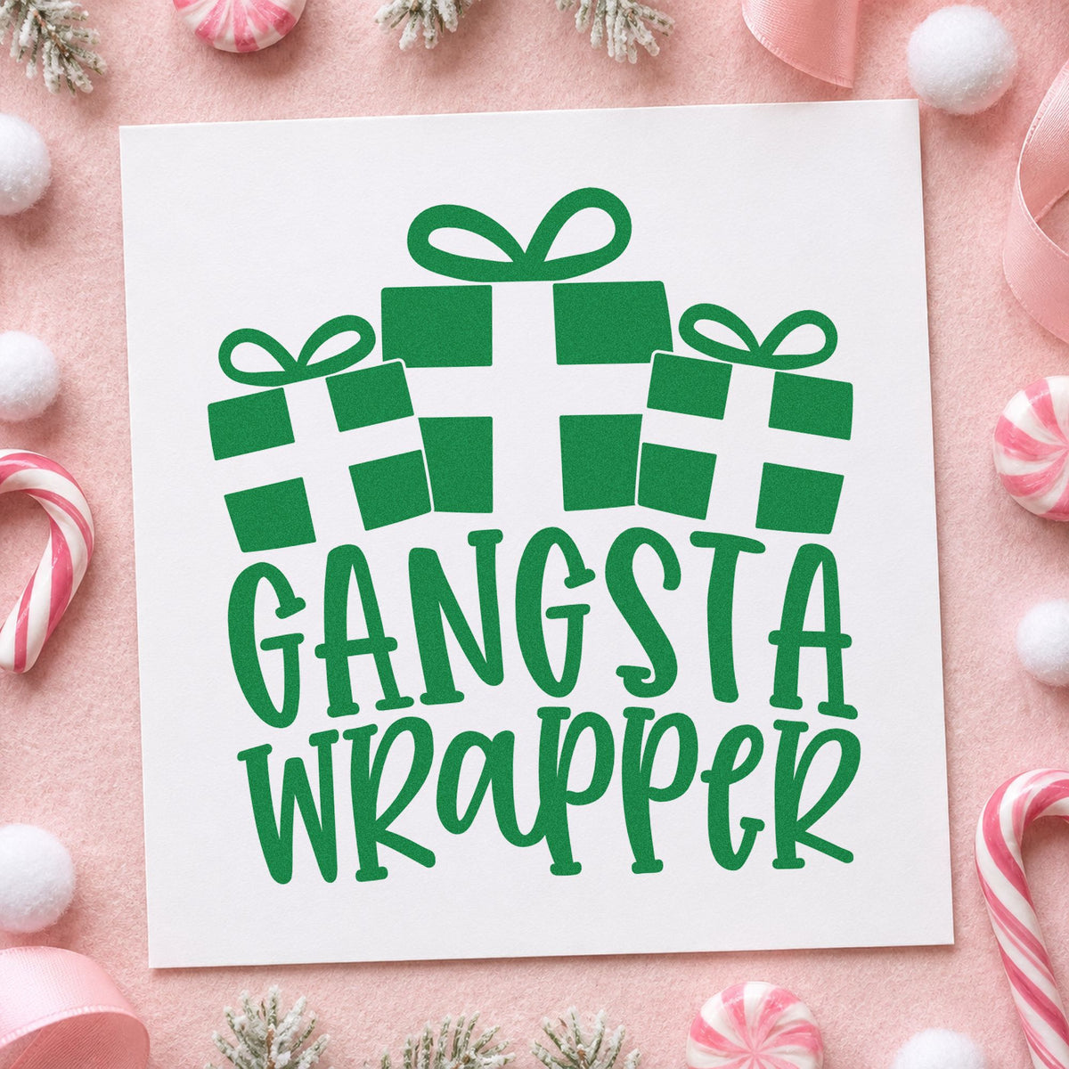 Gangsta Wrapper Presents craft stamp imprint in green ink on a handmade project, one idea being bow topper tags.