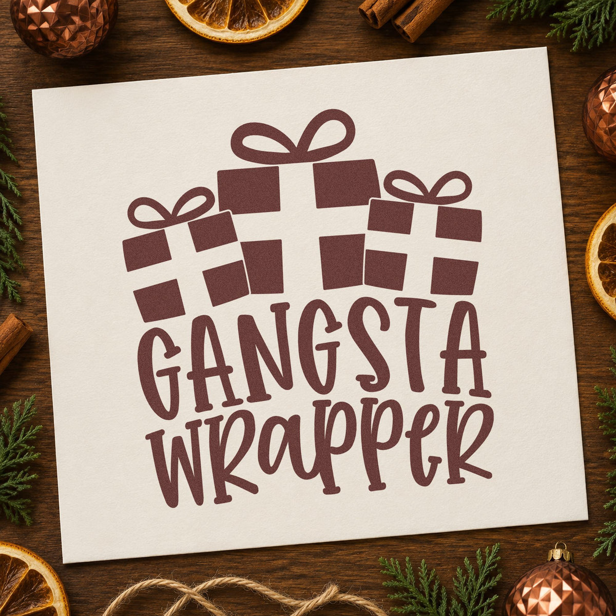 Gangsta Wrapper Presents rubber stamp printed in brown ink, ready for supply order sheet and similar paper crafts.