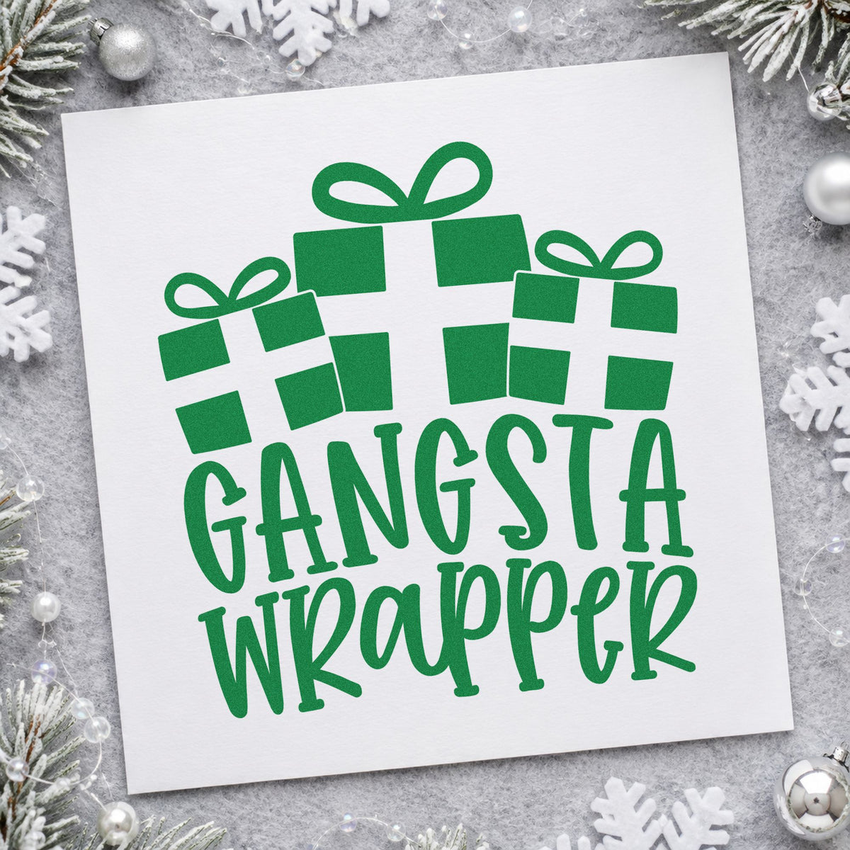 Gangsta Wrapper Presents craft stamp imprinted in green ink on paper, a design suited to framed craft table.
