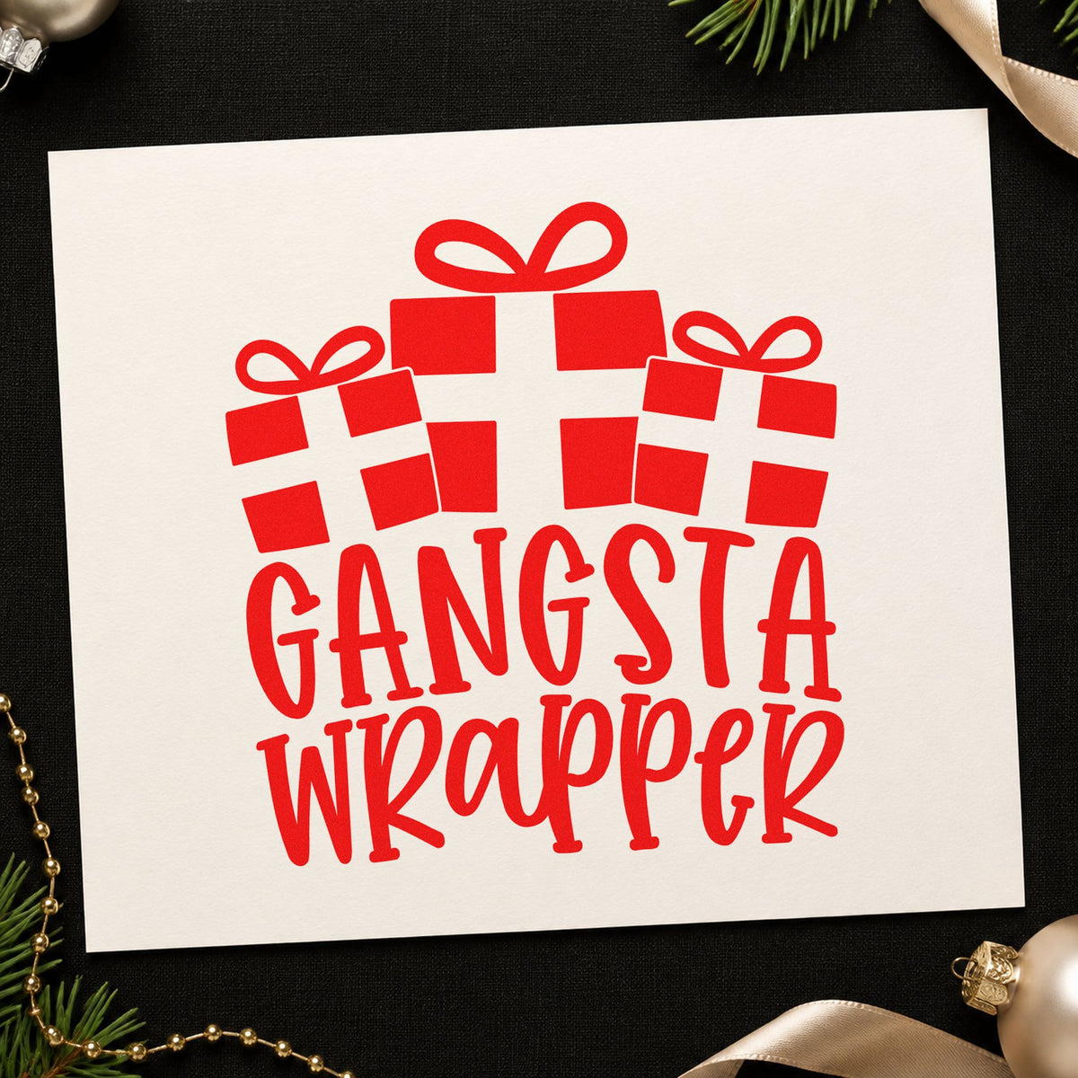 Gangsta Wrapper Presents rubber stamp shown in red ink, stamped for projects such as paper roll labels.