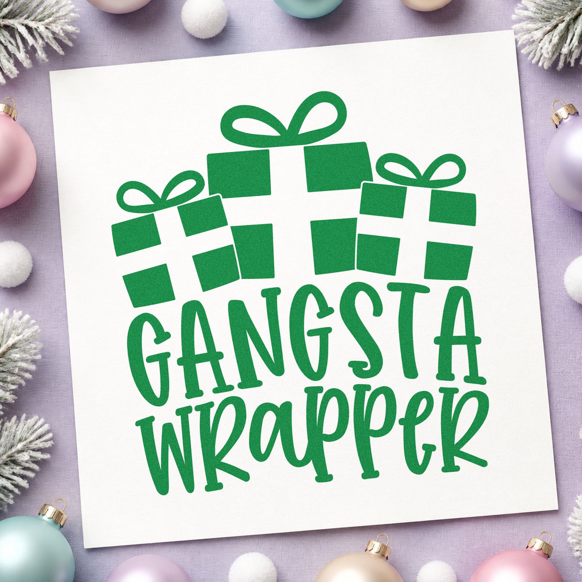 Gangsta Wrapper Presents craft stamp imprint in green ink on a handmade project, one idea being booth service signs.