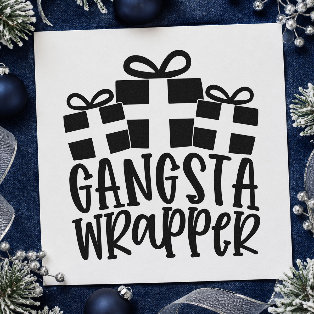 Gangsta Wrapper Presents rubber stamp printed in black ink, ready for gangsta wrapper cards and similar paper crafts.