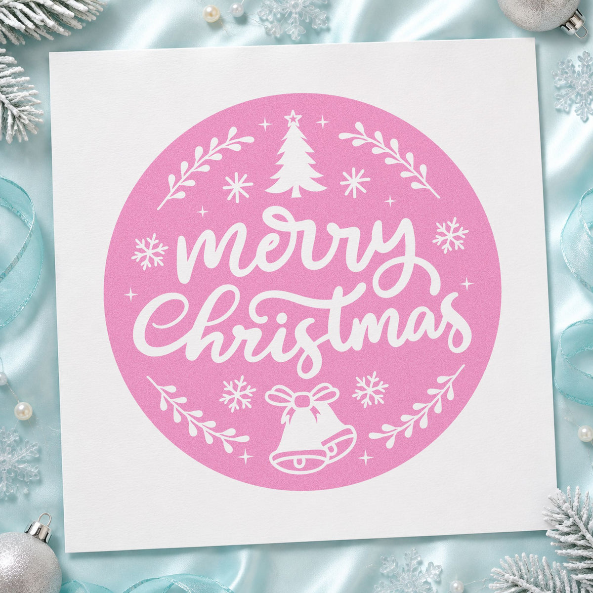 Merry Christmas Round Botanical Badge craft stamp in purple ink on cardstock, an easy option for round album accent.