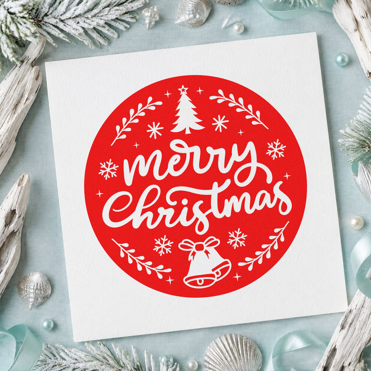 Merry Christmas Round Botanical Badge rubber stamp shown in red ink, stamped for projects such as bottle cap seals.