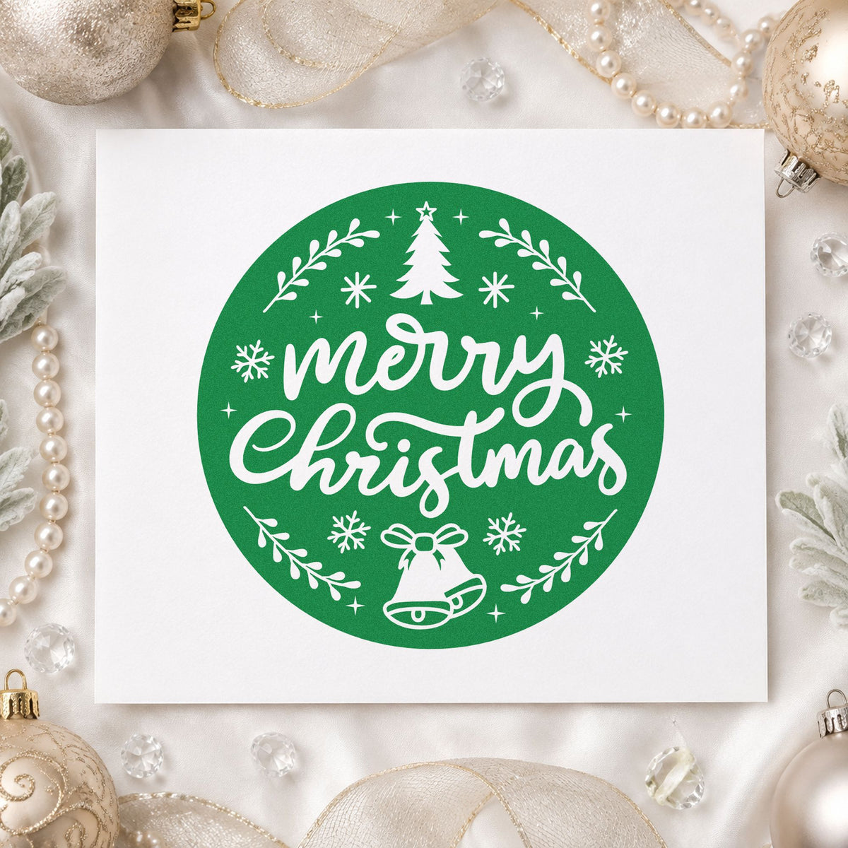 Merry Christmas Round Botanical Badge craft stamp imprint in green ink on a handmade project, one idea being loyalty punch cards.