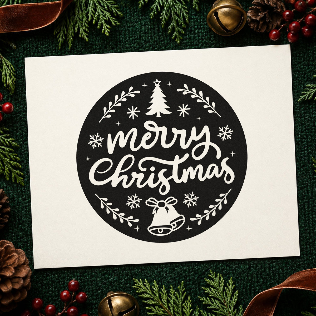 Merry Christmas Round Botanical Badge rubber stamp printed in black ink, ready for circular badge cards and similar paper crafts.