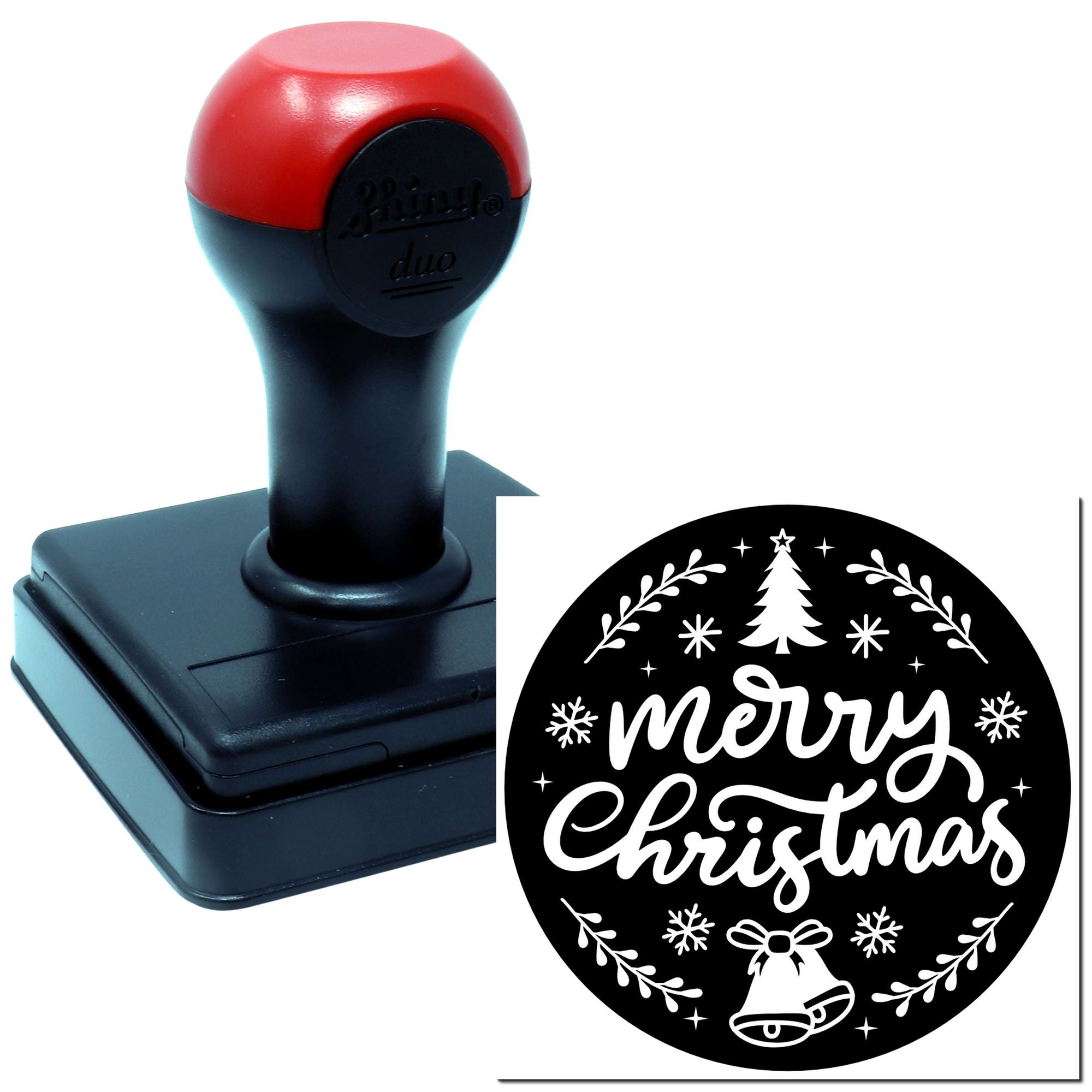 Self-inking Merry Christmas rubber stamp with tree, bells and snowflakes for holiday cards, crafts and packaging.
