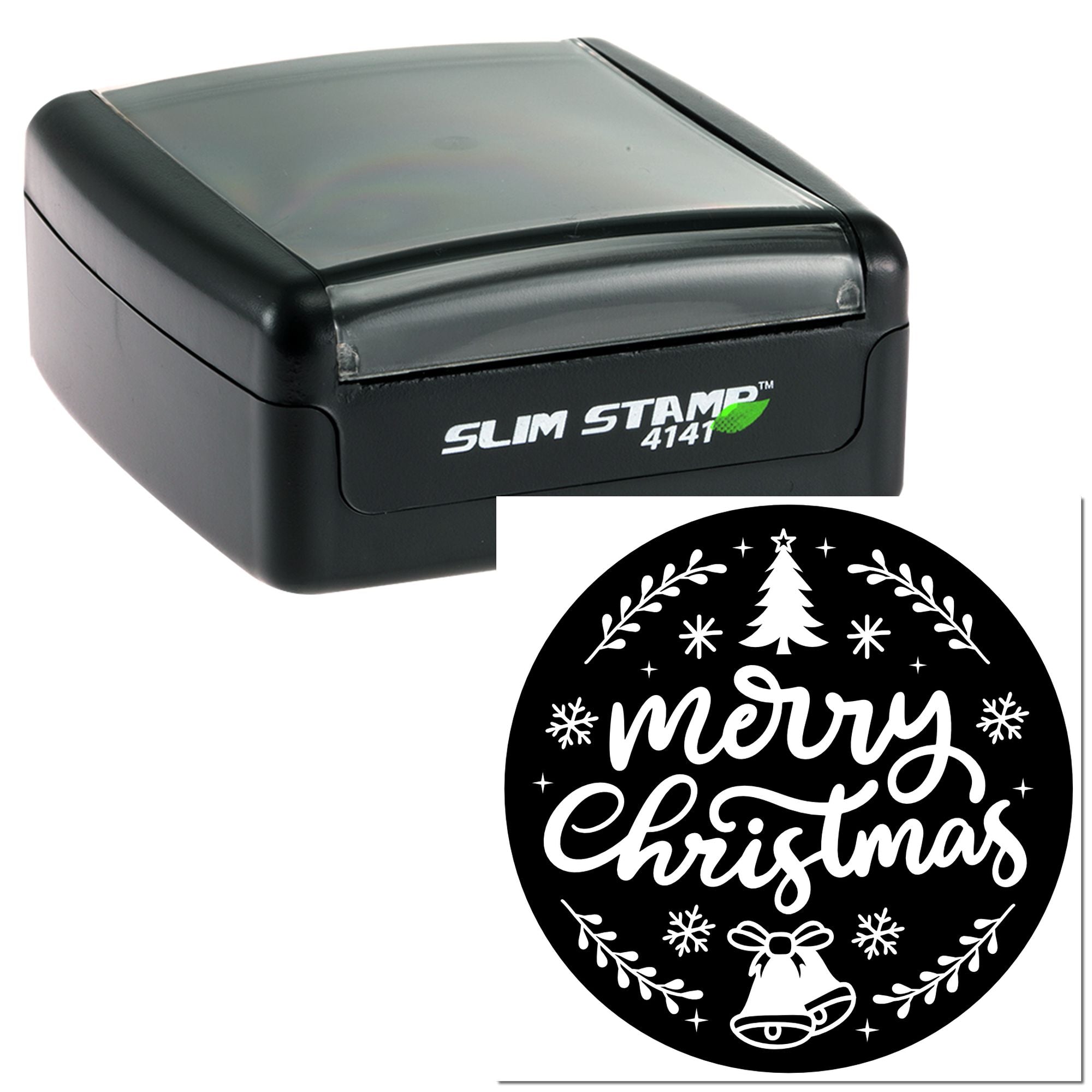 Slim Stamp 4141 self-inking Merry Christmas rubber stamp with festive holiday tree, snowflakes and bell design