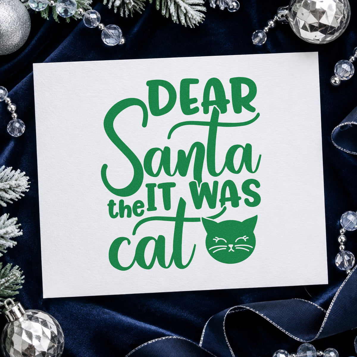 Dear Santa It Was Cat craft stamp imprint in green ink on a handmade project, one idea being catnip bag gift tags.