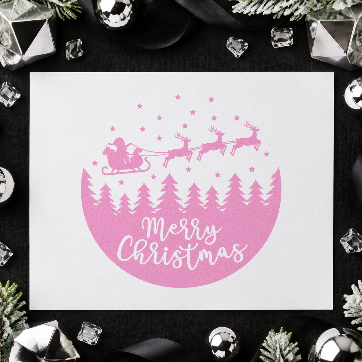 Merry Christmas Sleigh Forest Circle Wood Handle Stamp in use 10