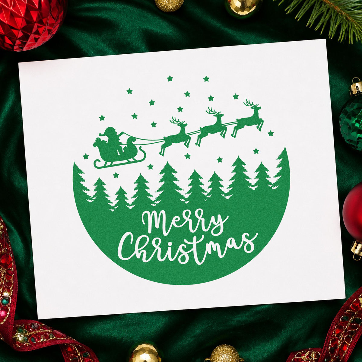 Merry Christmas Sleigh Forest Circle Wood Handle Stamp in use 3