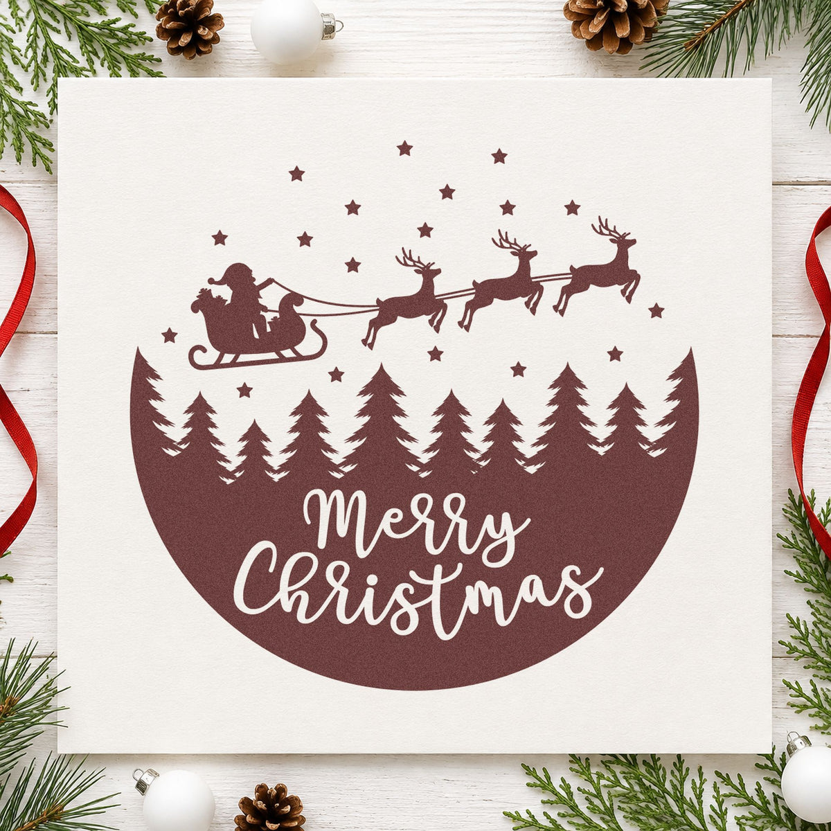 Merry Christmas Sleigh Forest Circle Wood Handle Stamp in use 4