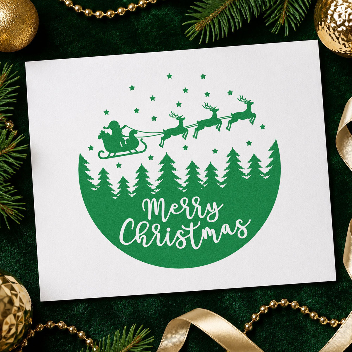 Merry Christmas Sleigh Forest Circle craft stamp imprinted in green ink on paper, a design suited to framed plate display.