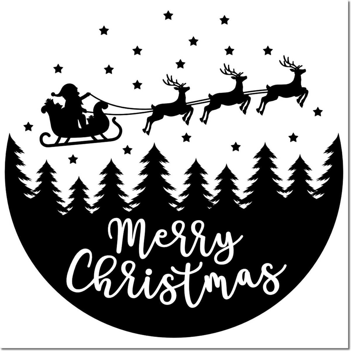 Merry Christmas rubber stamp design with Santa sleigh, reindeer, pine trees and stars in a festive black circle.