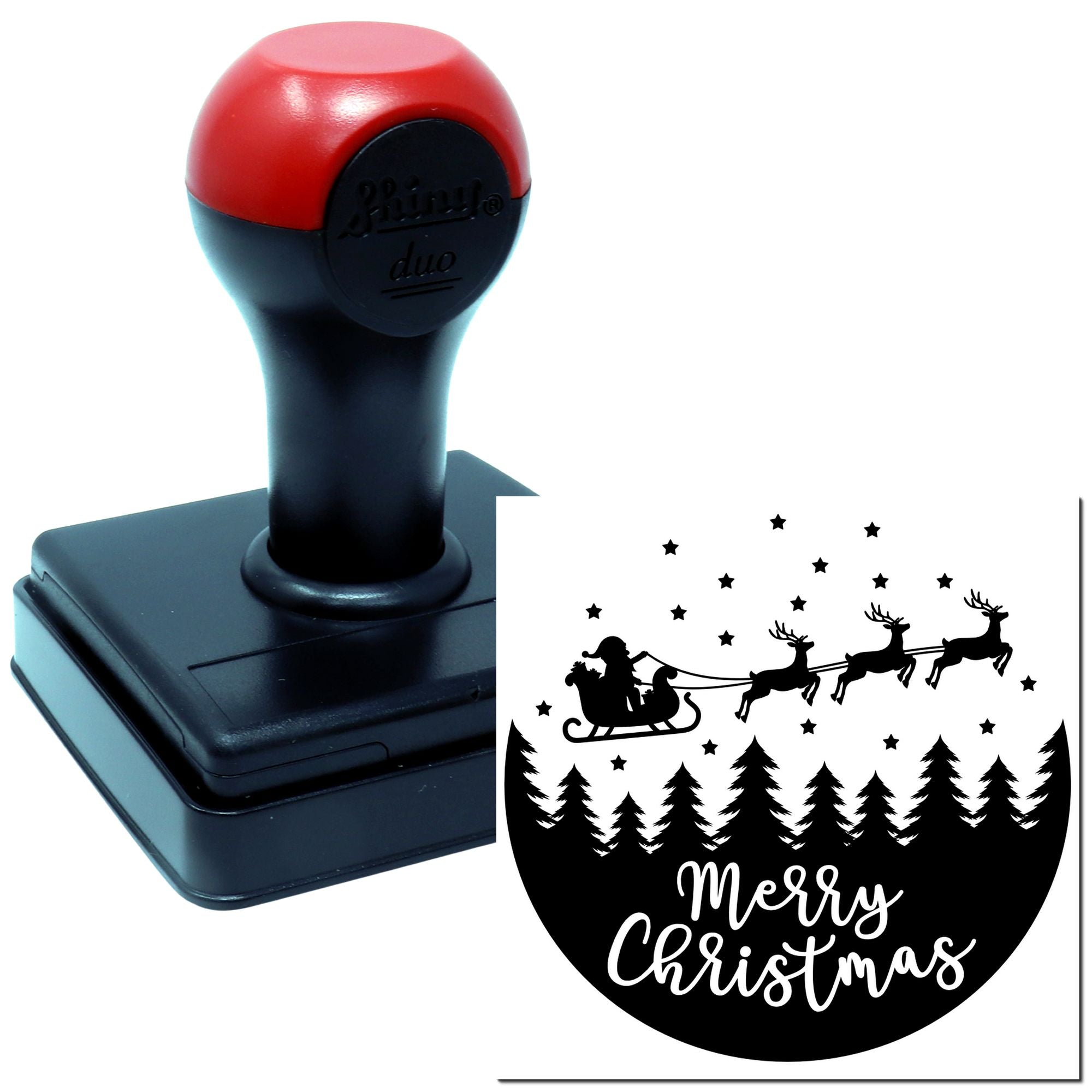 Self-inking rubber stamp with Merry Christmas design showing Santa sleigh, reindeer and trees for holiday cards.