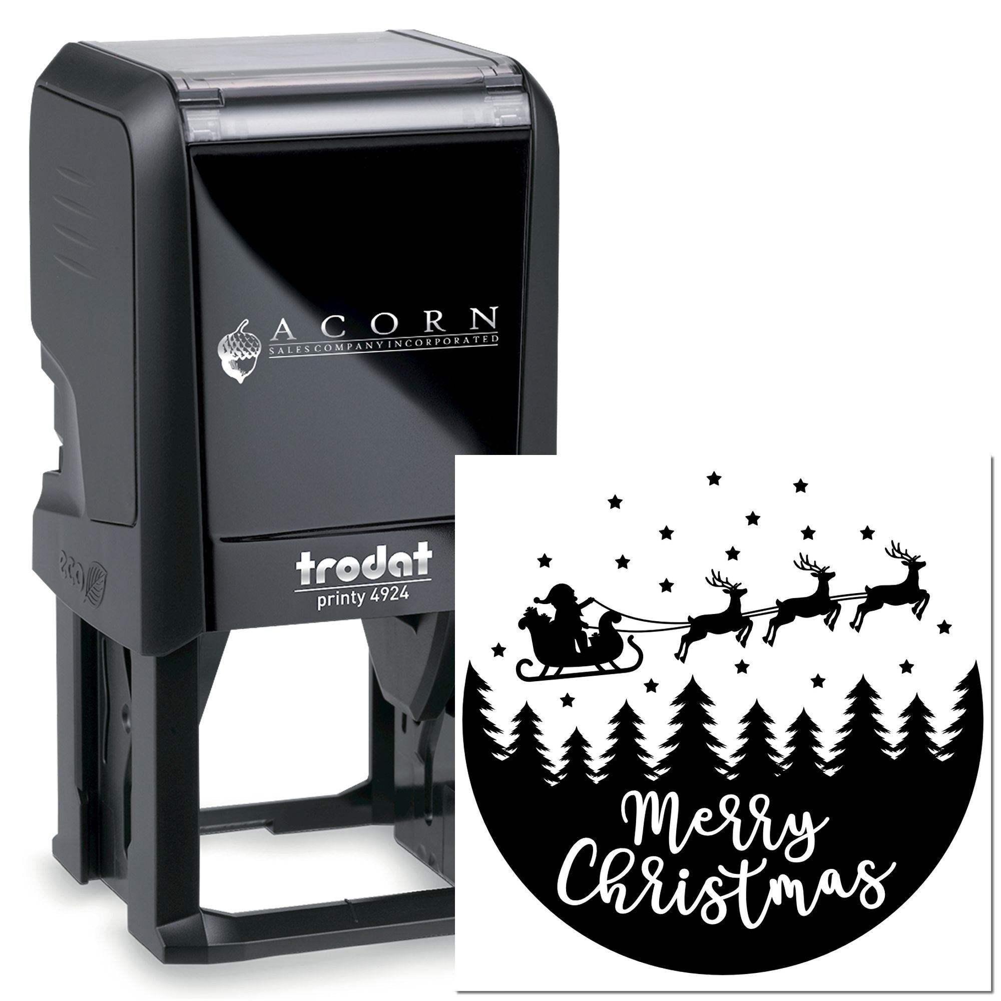 Personalized Christmas rubber stamp with Santa sleigh, reindeer, trees and Merry Christmas text, Trodat self-inking stamp