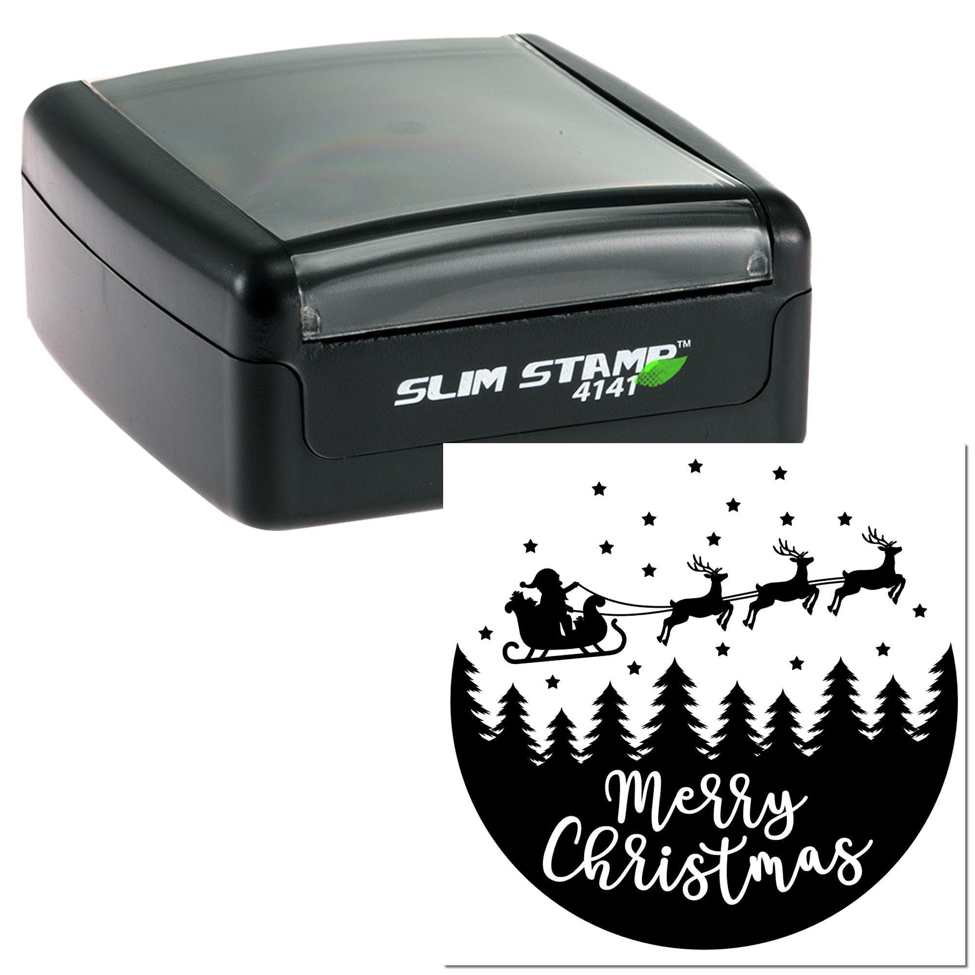 Slim Stamp 4141 self-inking rubber stamp with Merry Christmas sleigh, Santa, reindeer, stars and pine trees.