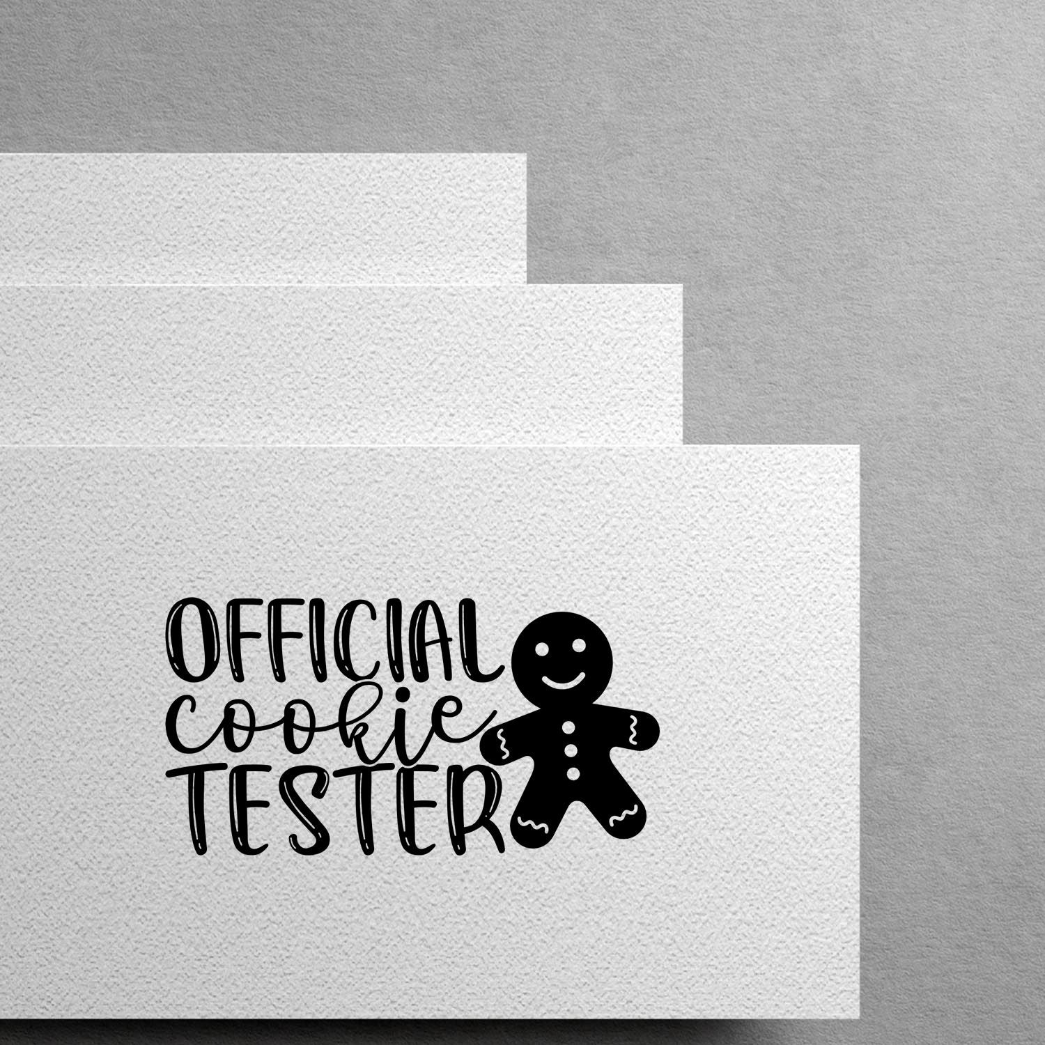 Official Cookie Tester rubber stamp design featuring a gingerbread man for holiday baking