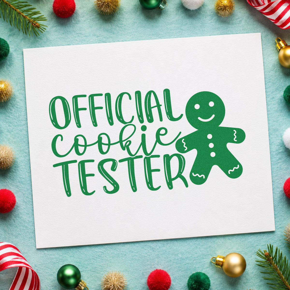 Official Cookie Tester craft stamp imprint in green ink on a handmade project, one idea being sample plate tags.