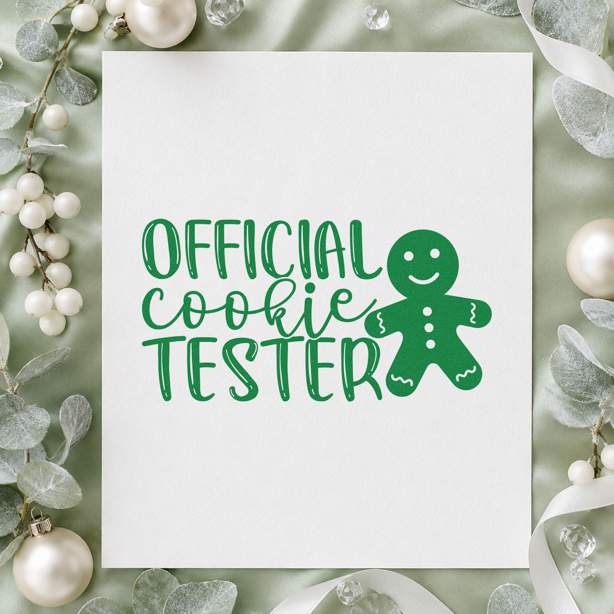 Official Cookie Tester craft stamp imprinted in green ink on paper, a design suited to framed pantry nook.