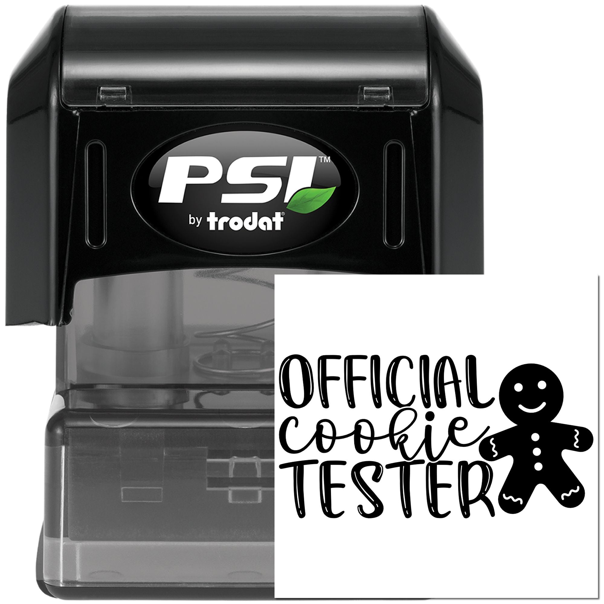 PSI by Trodat self-inking rubber stamp with Official Cookie Tester design for bakeries, gifts, and custom branding.