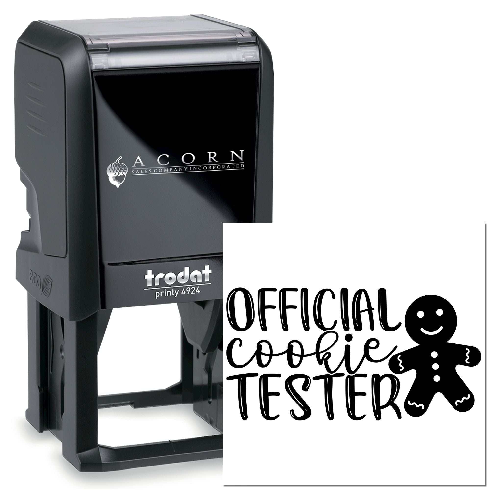 Custom self-inking rubber stamp with Official Cookie Tester design and gingerbread man icon, Trodat Printy 4924.