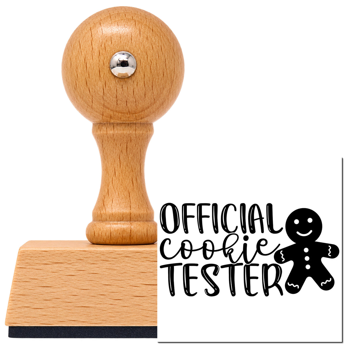 Official Cookie Tester Gingerbread Vintage Pro rubber stamp in European beech wood with a round knob handle, shown beside its black imprint.