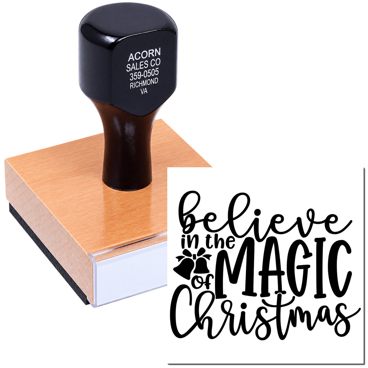 Holiday rubber stamp with Believe in the Magic of Christmas design for cards, crafts, and festive packaging.