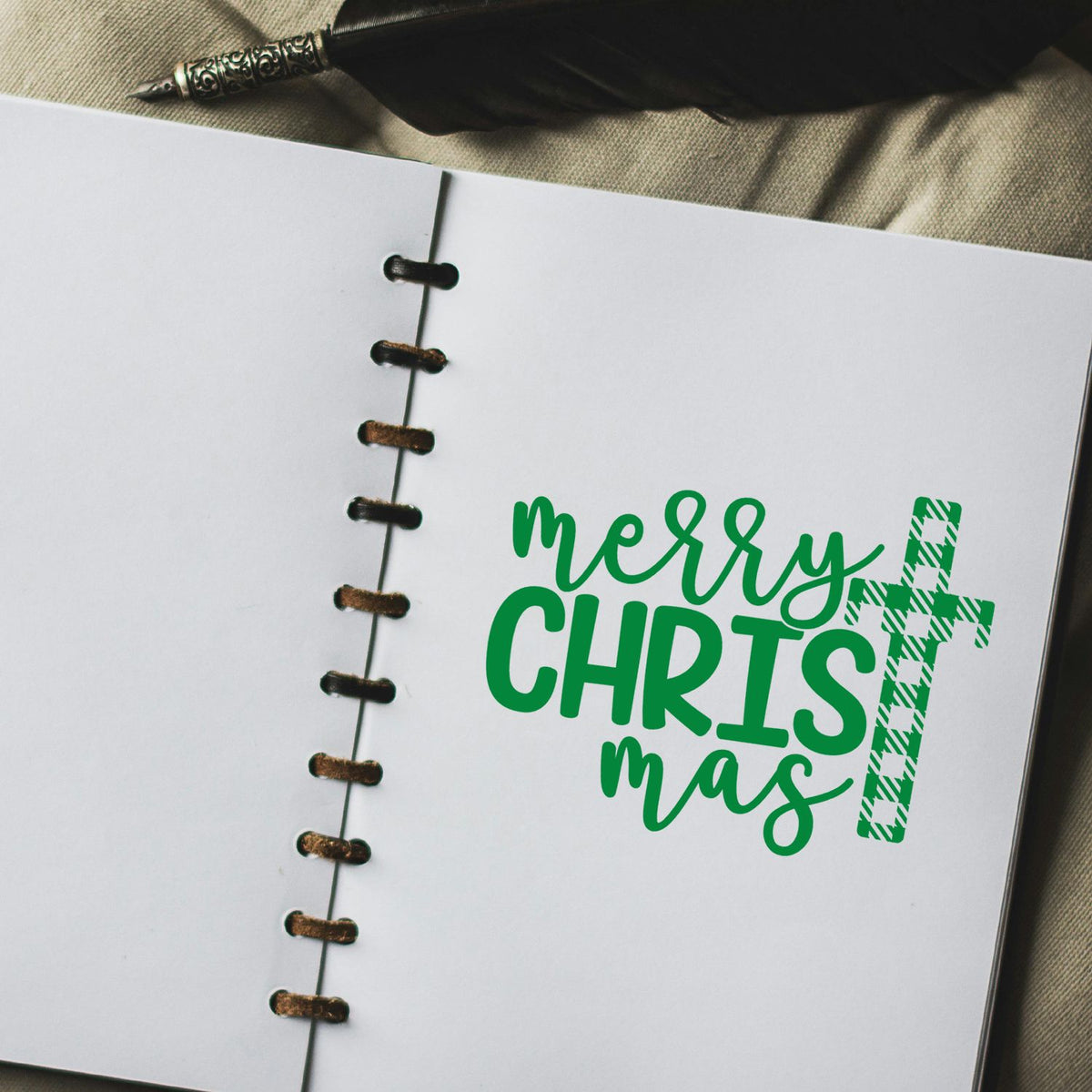 Merry Christmas Plaid Cross rubber stamp shown in green ink, stamped for projects such as country church album.