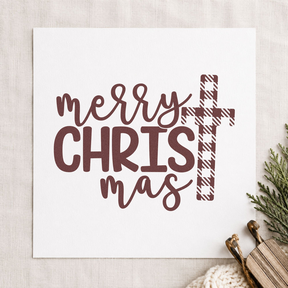 Merry Christmas Plaid Cross rubber stamp printed in brown ink, ready for service plan sheet and similar paper crafts.