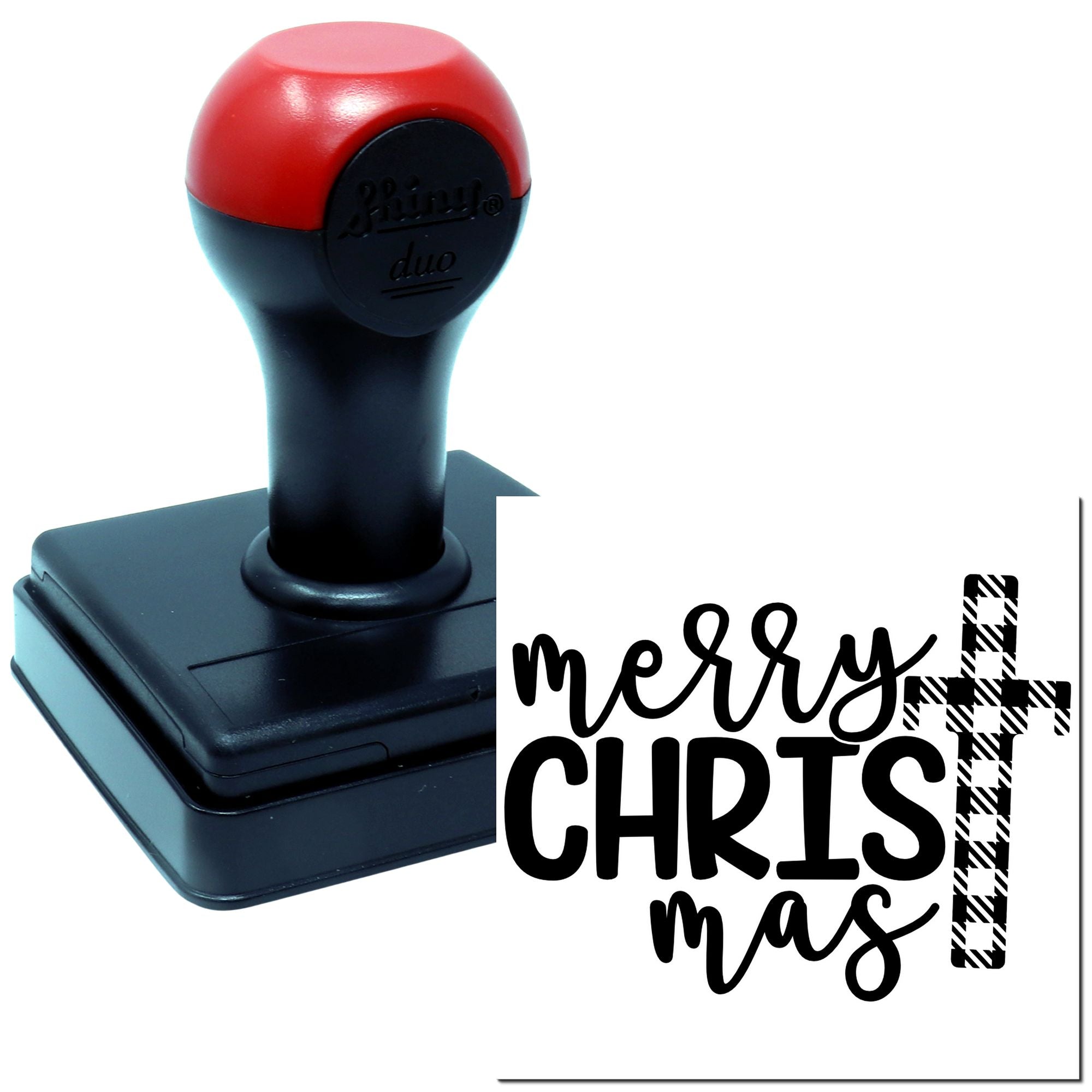 Self-inking Merry Christmas rubber stamp with festive script and candy cane design for holiday cards and gift tags.