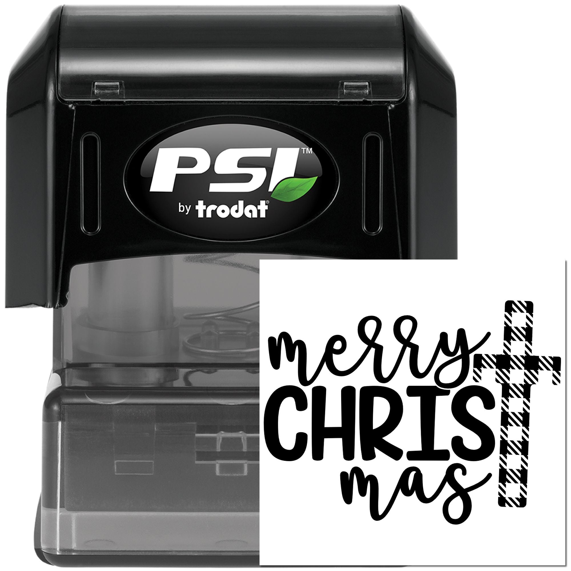 PSI by Trodat self-inking rubber stamp featuring Merry Christmas design for custom holiday cards and crafts.