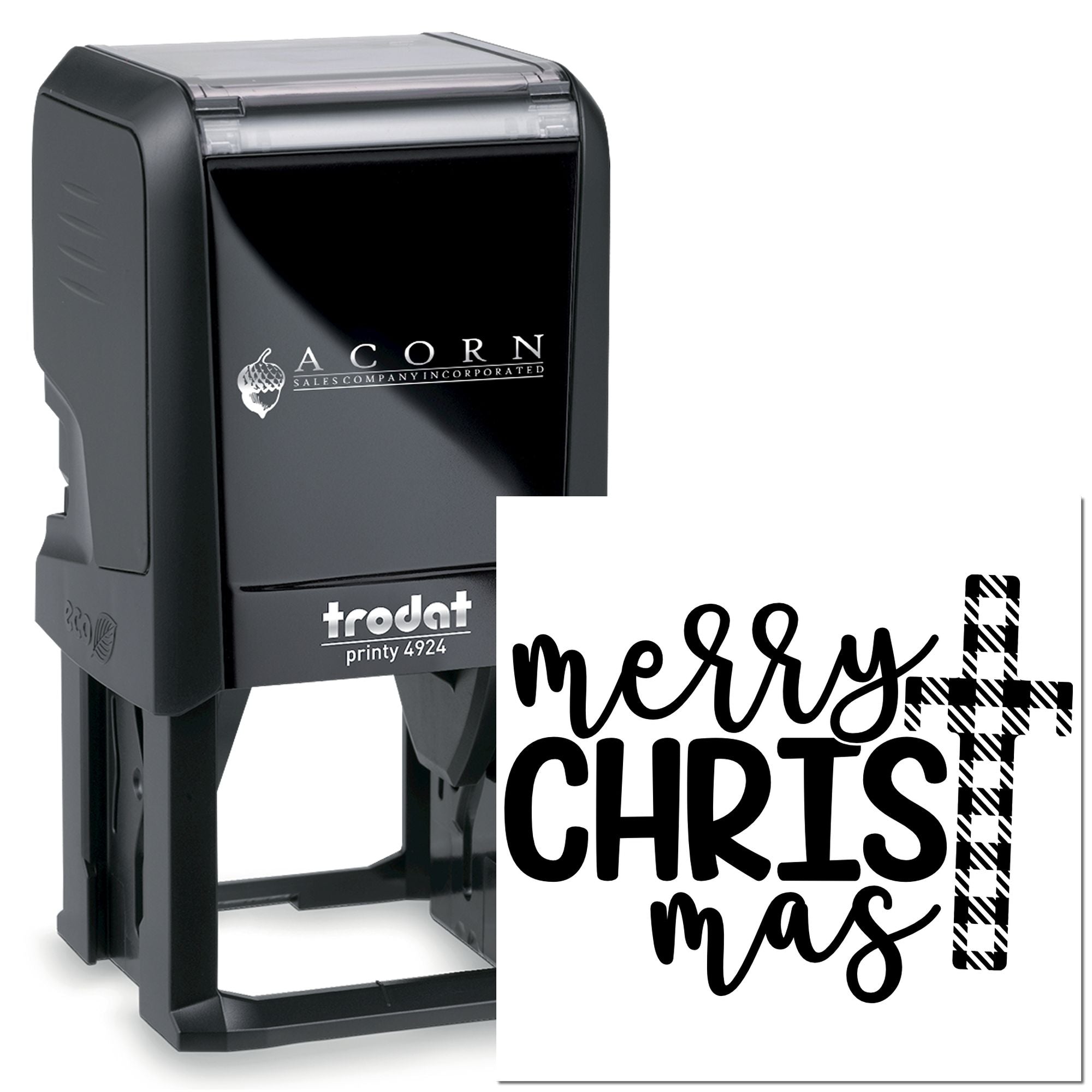 Custom Trodat Printy 4924 self-inking rubber stamp with Merry Christmas design and plaid cross.
