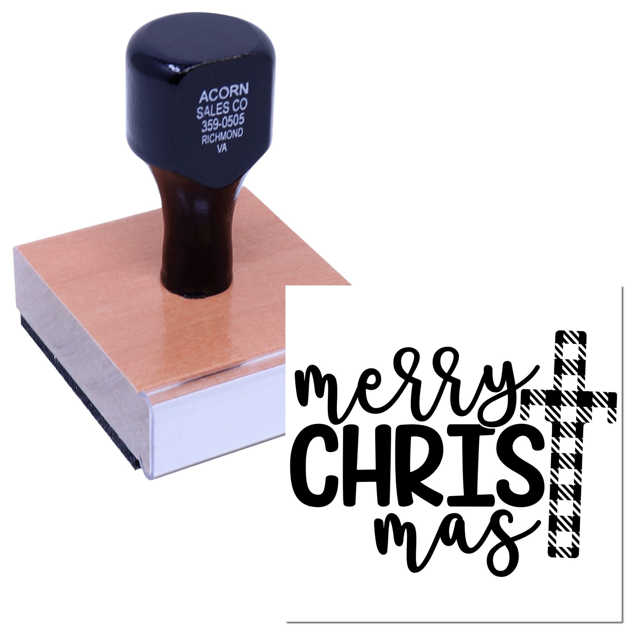 Custom Merry Christmas rubber stamp with decorative holiday design for cards, crafts, and seasonal packaging.