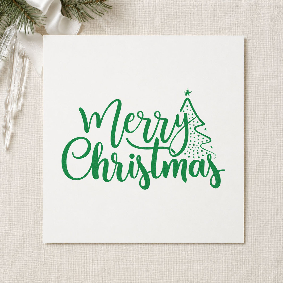 Merry Christmas With Tree craft stamp imprinted in green ink on paper, a design suited to framed door casing.