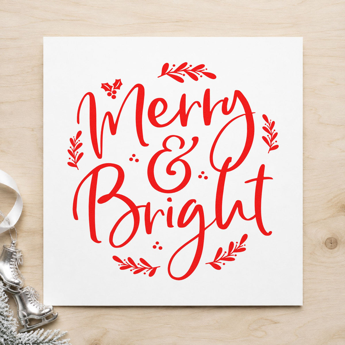 Merry And Bright Botanical rubber stamp shown in red ink, stamped for projects such as box set labels.