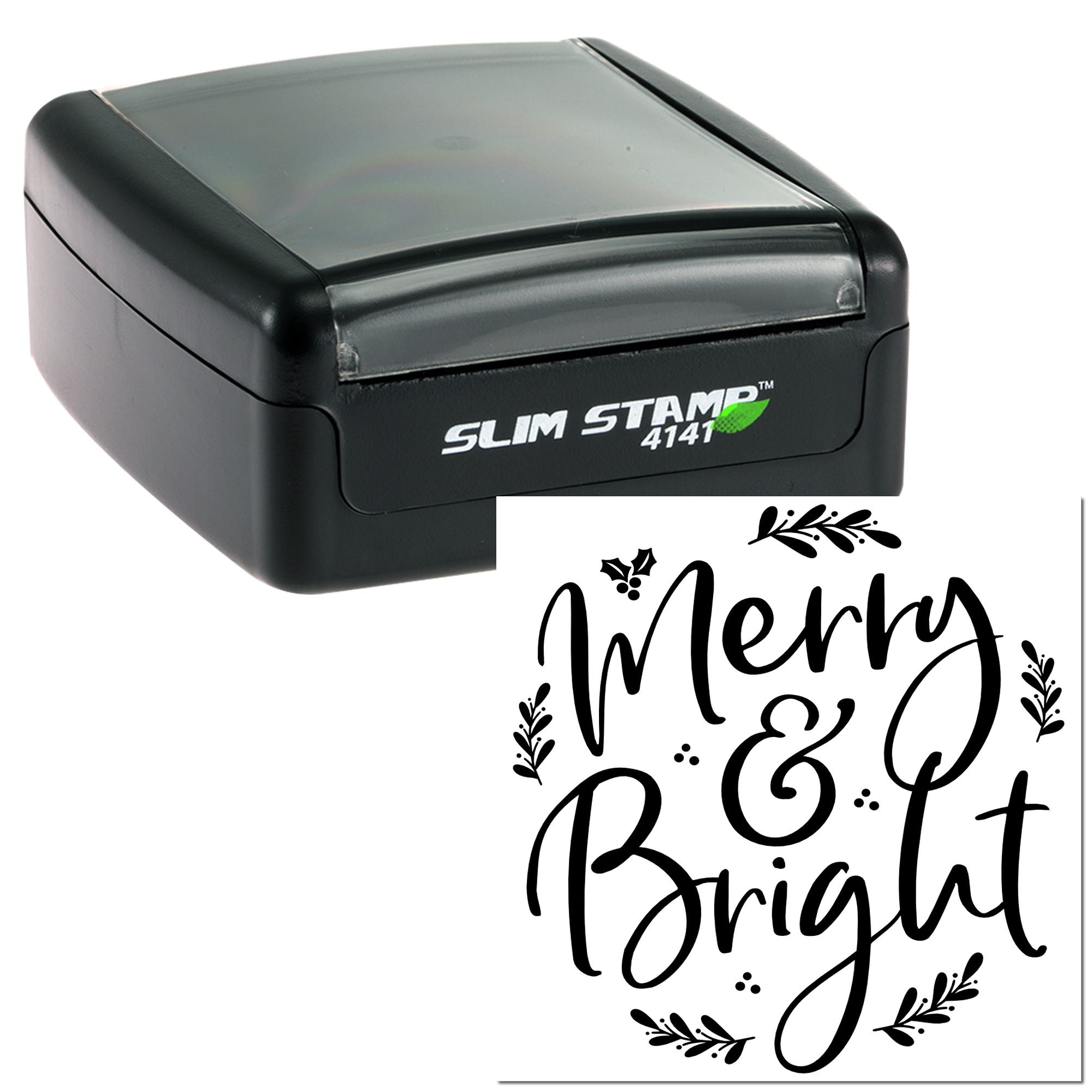 Self-inking rubber stamp with Merry & Bright holiday design for festive cards, crafts, and seasonal packaging.