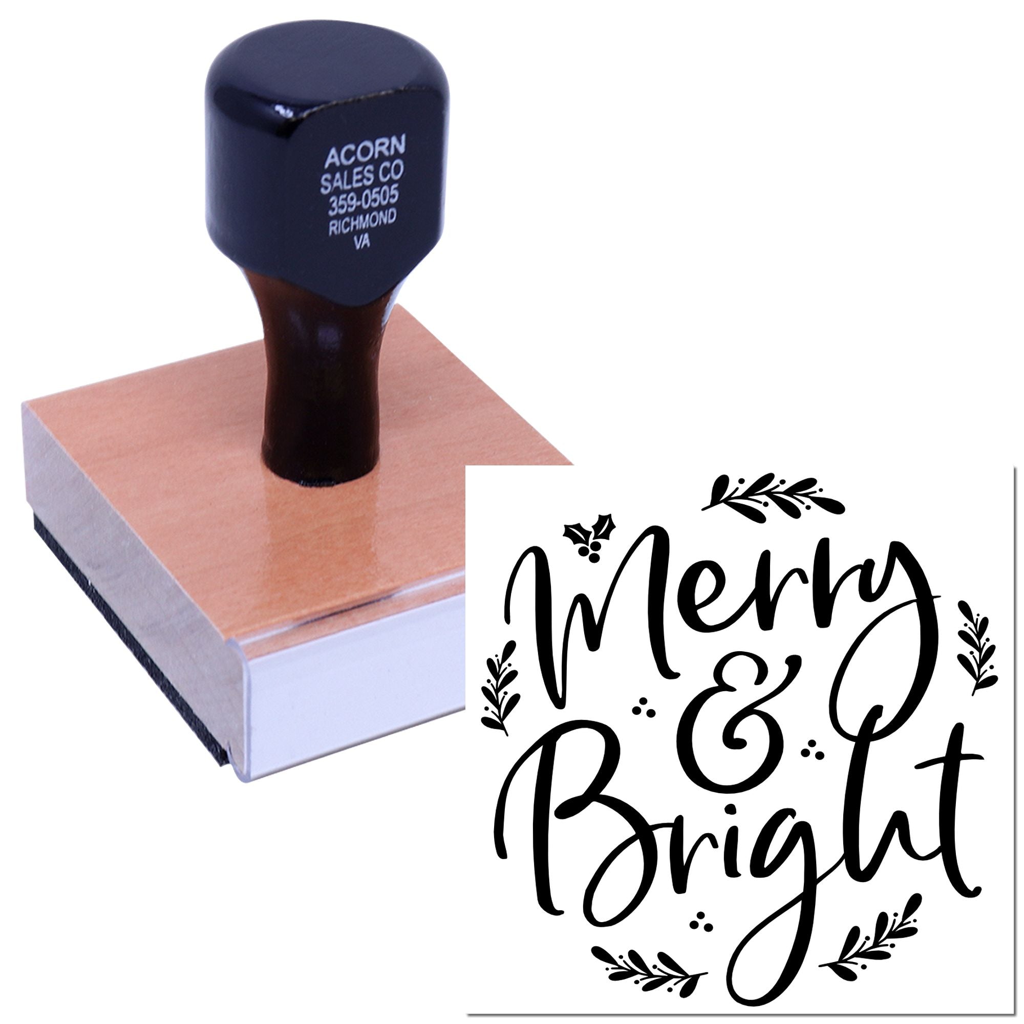 Merry & Bright holiday rubber stamp for festive cards, gift packaging, and DIY Christmas crafts