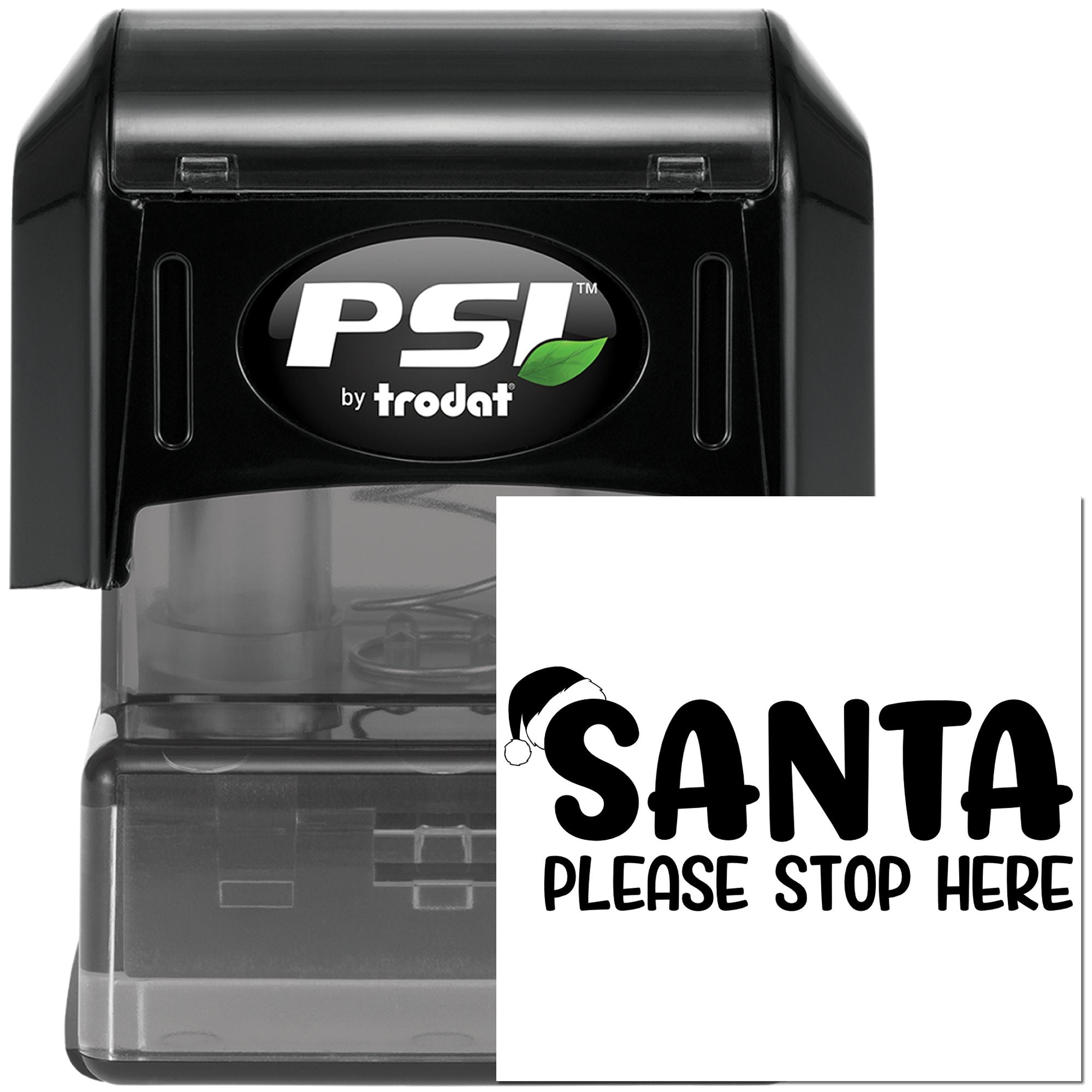 Self-inking rubber stamp with Santa Please Stop Here holiday message for Christmas mailings.